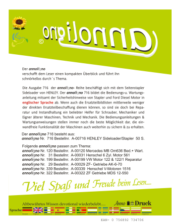 HENLEY Stapler Seitenstapler Sideloader Typ 4/5/6 Tonnen & Ford Diesel Motor Bild Bedienungsanleitung & Wartungsanleitung - annoligno 716